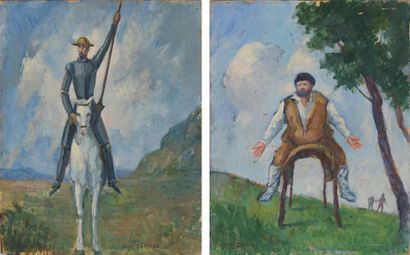 Angel ZARRAGA ARGUELLES (1886-1946) Don Quichotte et Sancho Panza Paire d'huiles...