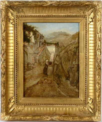 ECOLE FRANCAISE XIXeme SIECLE Rue de village animée Huile sur toile 35 x 27 cm