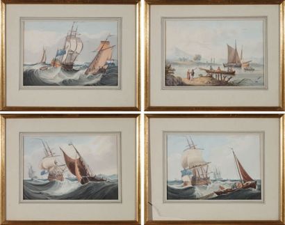 null SUITE DE QUATRE AQUARELLES représentant des scènes maritimes en haute-mer et...