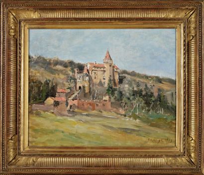 PIERRE-EMMANUEL DAMOYE (1847-1916) « Vue d'un château à la campagne » Huile sur isorel...