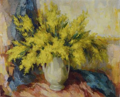 null Ecole du début XXème siècle. Bouquet de mimosas, Huile sur toile signé en bas...