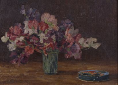 null A.d Elerbanzi (?) Ecole du XIXème siècle, Huile sur toile, Bouquet de fleurs...