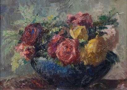 null J. Chaléyé (1880 - 1960). Bouquet de fleurs, au verso deux naïades au bain....