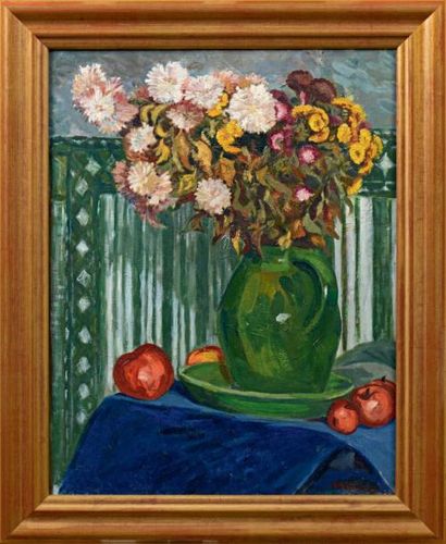 Louis VAN RYSSEL (1873-1962) Chrysanthèmes et pommes Huile sur toile. Signée, titrée...