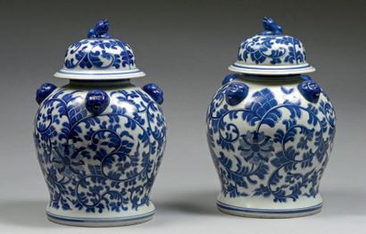 null Paire de vases couverts en porcelaine bleu/blanc, à décor de fleurs et rinceaux...