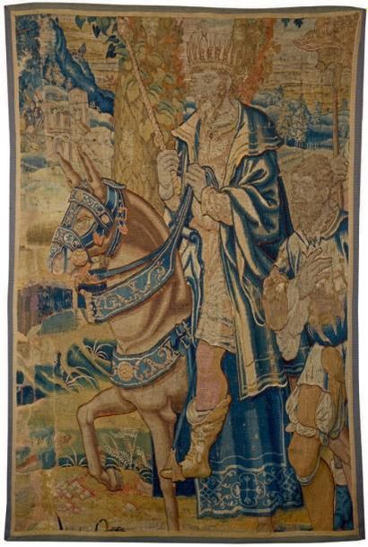 AUDENARDE VERS 1600 Personnage antique sur un cheval Fragment de tapisserie en laine...