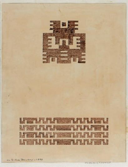 Ivan DA SILVA BRUHNS (1881-1980) Projet de tapis à motifs géométriques marrons sur...