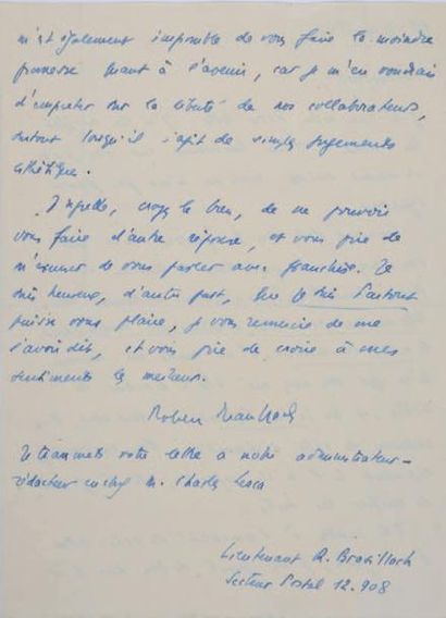 ROBERT BRASILLACH Lettre autographe signée "Lieutenant R. Brasillach". 11 mai 1940....