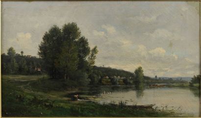 Daubigny Fils Paysage à l'étang Huile sur toile. Signé en bas à gauche 40 x 60 c...