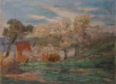 Shu Tanaka(1908-?) Paysage Huile sur toile. Signé en bas à gauche 55 x 75 cm