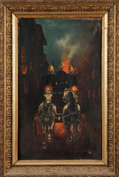 École anglaise - XIXème siècle Départ hippomobile de sapeurs-pompiers anglais Huile...