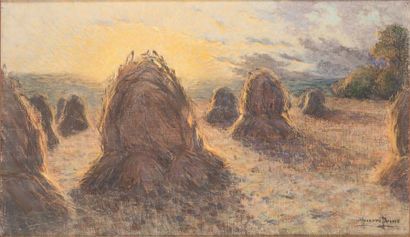 Pierre PRINS (1838 - 1913) 
Moyettes au soleil couchant en Seine et Loire - 1889
Pastel...