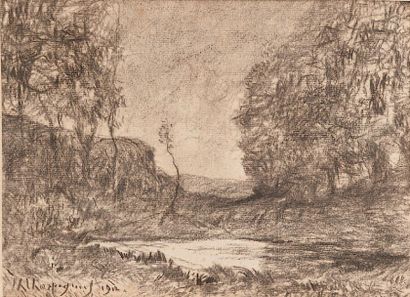 Henri Joseph HARPIGNIES (1819 - 1916) 
Sous bois à l'étang - 1912
Crayon gras sur...