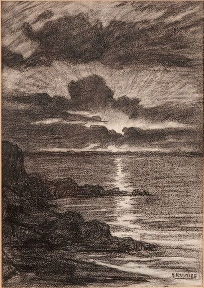 Henri Jules GUINIER (1867 - 1927) 
Lever de lune en Bretagne
Crayon gras sur papier....