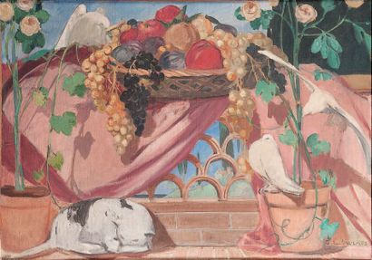 Gustave Louis JAULMES (1873 - 1959) 
Nature morte à la colombe
Huile sur toile. Signé...