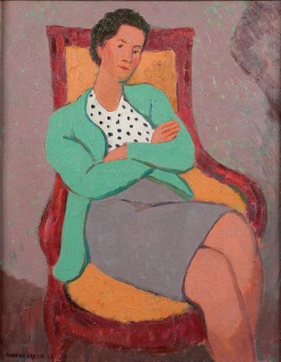 Albert COSTE (1896 - 1985) 
Femme au fauteuil rouge -1947
Huile sur toile.
Signé...