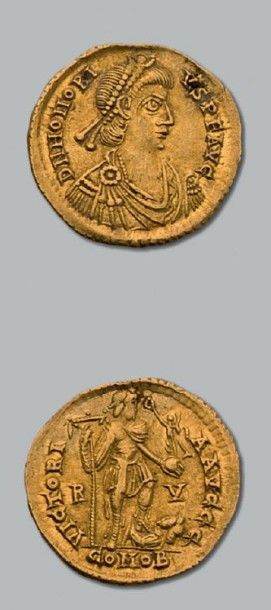 null HONORIUS (393-423)
Solidus. 4,49 g. Ravenne.
Son buste diadémé et drapé à droite.
R/...