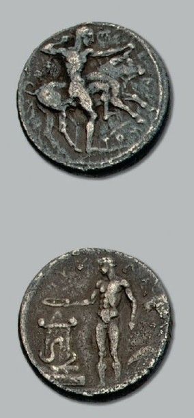 null Sélinonte
Didrachme (480-466 av. J.-C.). 8,28 g.
Héraclès nu, arrêtant un taureau...