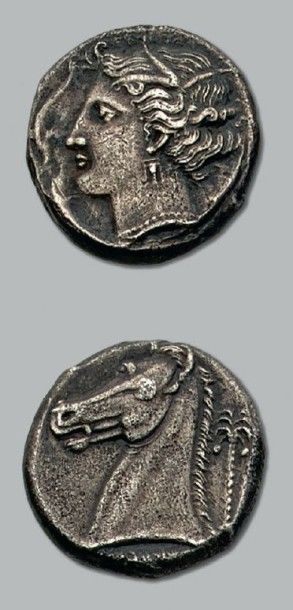 null Monnayage Siculo-Punique: Lilybée (350-325 av. J.-C.)
Tétradrachme. 16,53 g.
Tête...