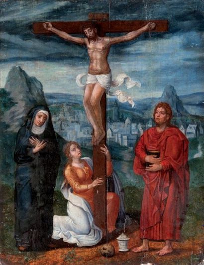 Ecole française XVIIème siècle Le Christ en croix
Huile sur panneau (accidents et...
