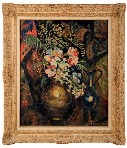 Pierre DUMONT (1920-1987) Bouquet de fleurs sur un entablement
Huile sur toile.
Signé...