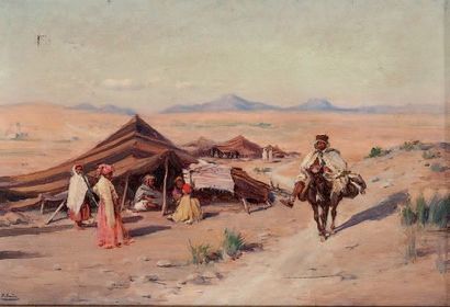 P.SAIM (XXème siècle) Campement en Algérie
Huile sur toile. (Accidents)
32,5 x 46...