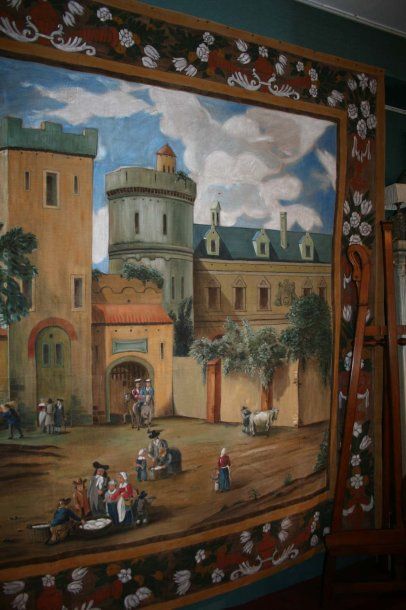 null Grand toile peinte représentant un château dans un paysage avec personnage et...