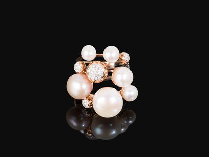 TALENTO Bague 4 joncs en or 750 millièmes dont 2 émaillés noirs, décorée de perles...