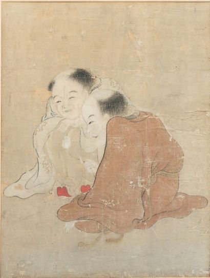 null Peinture sur papier
Représentant Kanzan et Jittoku assis, l'un tenant un bouton...
