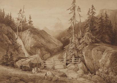Ecole suisse du XIXème siècle, atelier d'Alexandre CALAME (1810-1864) 
Les vaches...