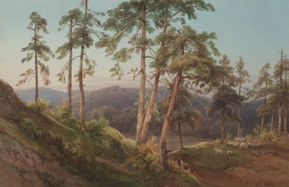 Ecole suisse du XIXème siècle, atelier d'Alexandre CALAME (1810-1864) 
Un berger...