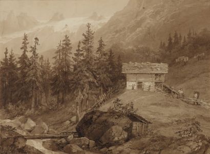 Ecole suisse du XIXème siècle, atelier d'Alexandre CALAME (1810-1864) 
Deux paysans...
