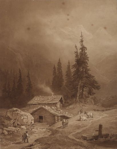 Ecole suisse du XIXème siècle, atelier d'Alexandre CALAME (1810-1864) 
Un voyageur...