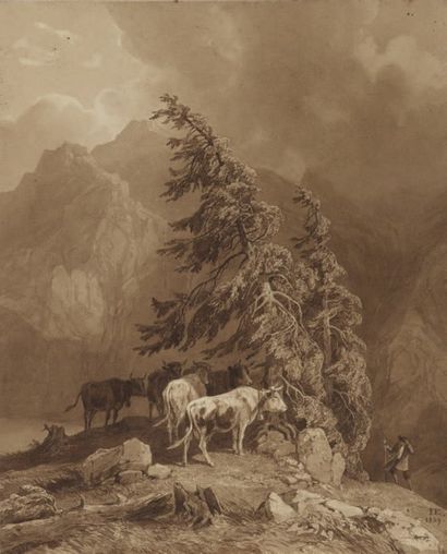 Ecole suisse du XIXème siècle, atelier d'Alexandre CALAME (1810-1864) 
Berger et...