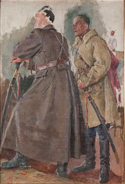 Karp Demianovich TROKHIMENKO (1885-1979) 
Scène militaire
Huile sur toile.
Signé...