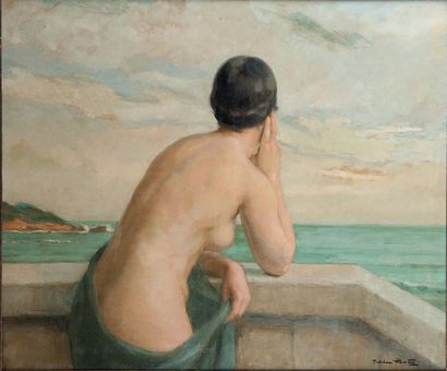 Madeleine PLANTEY (1890-1985) 
Nu au balcon
Huile sur toile.
81 x 100 cm