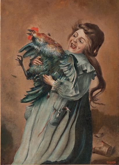 Louis Adolphe TESSIER (1858-1915) 
Jeune fille au coq
Huile sur toile. Signé en bas...