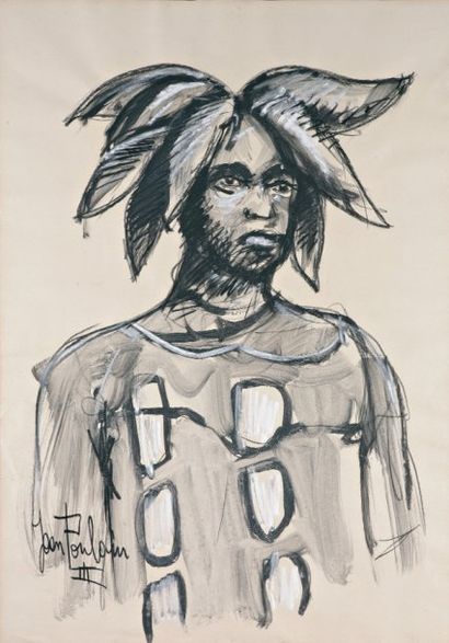 JEAN POULAIN (1884-1967) PORTRAIT D'UN HOMME AFRICAIN Dessin au fusain et rehauts...