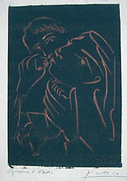 PABLO PICASSO (1881-1973) MATERNITE Linogravure d'essai de couleur dont aucune édition...