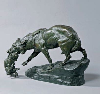 Thomas CARTIER (1879-1943) « Louve et son louveteau » Sculpture en bronze ciselé...