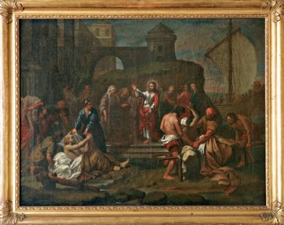 ECOLE FRANÇAISE XVIIIE SIÈCLE. « Jésus guérissant les paralytiques ». Huile sur toile....