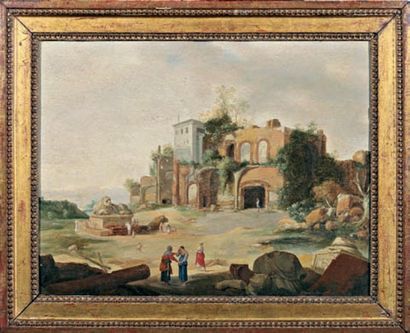 École française, XVIIIe siècle « Paysage de ruines animées » Huile sur panneau. 35...