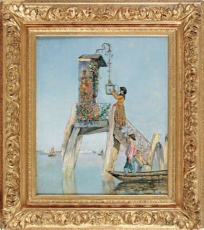François BRUNERIE (1845-1926) « Préparation de la fête à Venise » Huile sur panneau....
