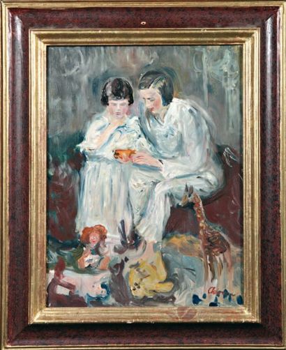 Lucien ADRION (1889 - 1953) "MERE ET SON ENFANT" Huile sur toile signée en bas à...