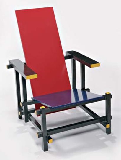 GERRIT THOMAS RIETVELD (Utrecht 1888 -1964) Red Blue Chaise en bois peint, à panneaux...