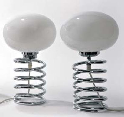 INGO MAURER (né en 1932) Spirale Paire de lampes à corps en métal chromé et globe...