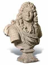 null BUSTE en pierre reconstituée représentant Louis XIV drapé en armure. Il pose...