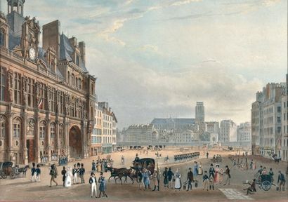 Ecole française du XIXe siècle Place de l'hôtel de ville à Paris" Gravure aquarellée....