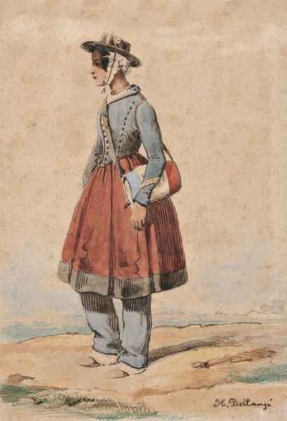 H.BELLANGE (actif au XIX° siècle) Femme à la besace ou la cantinière " Encre et aquarelle...