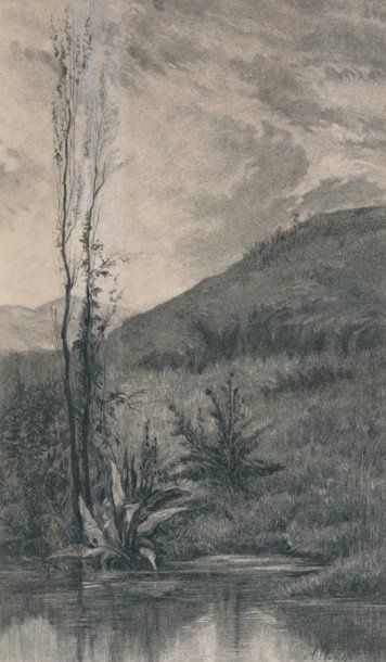 Auguste ALLONGE (1833-1898) Paysage à la mare " Crayon et fusain signé en bas à droite....